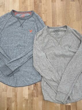American Eagle Duo: Heather Gray & Light Beige Long-Sleeve Tops